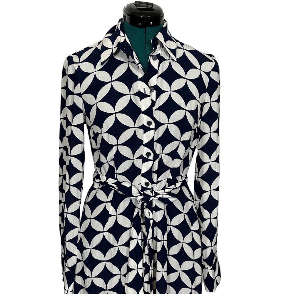 Boden Shirt Dress Geometric Petal Print 4R Navy White Belted Long Sleeve Midi - Picture 4 of 9